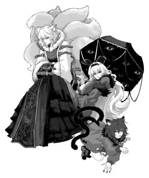 3girls alternate_costume animal_ears breasts cat_ears cat_girl cat_tail chen commentary_request dress extra_tails fox_ears fox_girl fur-trimmed_dress fur_trim gap_(touhou) holding holding_umbrella hyoutukiko jacket koumajou_densetsu long_hair looking_at_viewer multiple_girls open_clothes open_jacket red_eyes short_hair tail touhou umbrella yakumo_ran yakumo_yukari