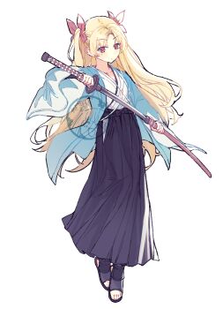 1girl black_bow black_hakama blonde_hair bow character_watermark closed_mouth commentary_request ereshkigal_(fate) expressionless fate/grand_order fate_(series) full_body hair_ornament hakama hakama_skirt haori highres himitsu_onigiri holding holding_sword holding_weapon japanese_clothes kimono long_skirt long_sleeves looking_at_viewer nagao_kagetora_(fate) red_eyes sheath skirt solo sword twintails unsheathing waist_bow weapon white_kimono wide_sleeves