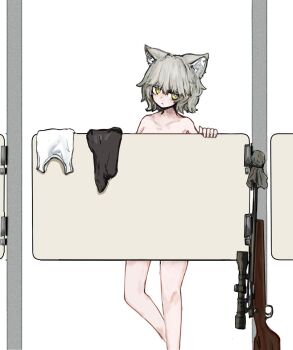 1girl animal_ears changing_room closed_mouth covering_privates feet_out_of_frame fox_ears grey_hair gun highres looking_at_viewer nemo_(flank) nude nude_cover original rifle short_hair sniper_rifle solo standing tempkokko unworn_clothes weapon yellow_eyes