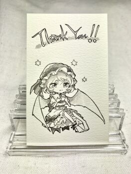 Rule 34 | 1girl, ascot, back bow, barefoot, bat wings, bow, closed mouth, collared shirt, commentary request, cup, deformed, frilled shirt collar, frilled skirt, frills, full body, hat, highres, holding, holding cup, mob cap, photo (medium), puffy short sleeves, puffy sleeves, remilia scarlet, s.mamiya, shirt, short hair, short sleeves, skirt, skirt bow, solo, teacup, thank you, toes, touhou, traditional media, wings