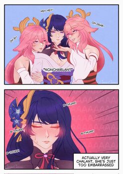 animal_ears bare_shoulders blush breasts cleavage commentary detached_sleeves em_(cannecanvas) english_commentary english_text fox_ears genshin_impact hair_between_eyes hair_ornament highres japanese_clothes kimono long_hair long_sleeves multiple_girls pink_hair purple_eyes purple_hair raiden_shogun very_long_hair wide_sleeves yae_miko yuri