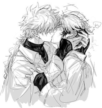 Rule 34 | 2boys, bishounen, blush, braid, braided ponytail, closed eyes, clothes grab, collared shirt, french kiss, greyscale, hair over eyes, hand in another's hair, hand on another's head, hand on another's neck, highres, hug, jewelry, kiss, long hair, long sleeves, male focus, messy hair, monochrome, multicolored hair, multiple boys, necklace, profile, saliva, shiguang dailiren, shirt, short hair, simple background, single braid, sketch, sleeves past wrists, speech bubble, sweat, trembling, turtleneck, two-tone hair, tyoookozuki, undershirt, upper body, white background, xia fei, xiao weiying, yaoi