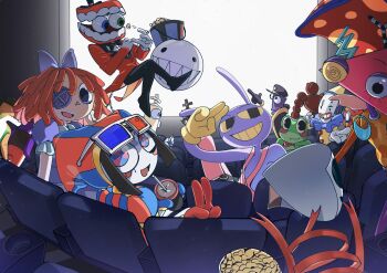 1other 3d_glasses 6+boys 6+girls animal_ears asymmetrical_gloves bare_shoulders black_hair black_pants blue_eyes blue_gloves blush bow bubble_(the_amazing_digital_circus) button_eyes buttons caine_(the_amazing_digital_circus) chess_piece clown coach_dictatorer_(the_amazing_digital_circus) colored_sclera colored_skin colored_teeth commentary_request cowboy_hat crocodile_boy cup disposable_cup dress drink evil_orbsman food formal_clothes gangle_(the_amazing_digital_circus) gloink_queen gloves green_eyes green_skin grin gummigoo hair_bow hat heterochromia highres holding holding_drink jacket jax_(the_amazing_digital_circus) jester_cap jester_costume kaufmo_(the_amazing_digital_circus) king_(chess) kinger_(the_amazing_digital_circus) looking_at_viewer mask mismatched_gloves movie_theater multicolored_eyes multiple_boys multiple_girls one_eye_closed open_mouth overalls pac-man_eyes pants patchwork_clothes pink_overalls pomni_(the_amazing_digital_circus) popcorn purple_bow purple_dress purple_fur queenie_(the_amazing_digital_circus) rabbit_boy rabbit_ears rabbit_girl ragatha_(the_amazing_digital_circus) red_gloves red_hair red_jacket red_ribbon ribbit_(the_amazing_digital_circus) ribbon scribbled_cat06 sharp_teeth smile suit teeth the_amazing_digital_circus v white_gloves white_mask yellow_gloves yellow_sclera yellow_teeth zooble_(the_amazing_digital_circus)