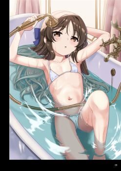 1girl :o armpits bathing bikini brown_hair collarbone flat_chest holding holding_shower_head idolmaster idolmaster_cinderella_girls in_bathtub indoors loli long_hair miyanogi_jiji navel ribs shower_head solo stomach swimsuit tachibana_arisu untied_bikini_top water