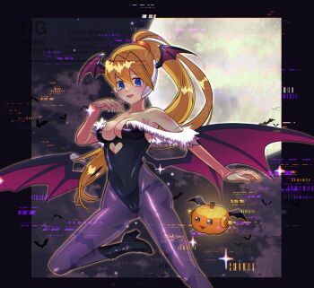 1girl black_boots black_leotard blonde_hair blue_eyes boots breasts ciel_(mega_man) cleavage clothing_cutout commission cosplay cowboy_shot cutout_above_navel darkstalkers demon_girl demon_wings glitch halloween head_wings heart_cutout high_heel_boots high_heels high_ponytail leotard medium_breasts mega_man_(series) mega_man_zero_(series) morrigan_aensland morrigan_aensland_(cosplay) multiple_wings pantyhose ponytail purple_pantyhose rikka_(user_hruv2435) solo vgen_commission watermark wings