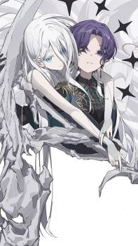 2girls absurdres asahina_mafuyu asunaro_(vxsz5k_mamun) black_gloves black_shirt bloom_festival_(project_sekai) blue_eyes blue_vest bone center_frills cheek-to-cheek dress earrings elbow_gloves epaulettes fingerless_gloves frilled_shirt frills gloves grey_gloves grey_hair hair_between_eyes heads_together highres holding holding_weapon hug hug_from_behind jewelry long_hair long_sidelocks looking_at_viewer multiple_girls official_alternate_costume official_alternate_hair_length official_alternate_hairstyle one_eye_closed parted_bangs parted_lips project_sekai purple_eyes purple_hair relax_teatime_(project_sekai) scythe shirt short_hair sidelocks single_earring smile very_long_hair vest weapon white_dress yoisaki_kanade