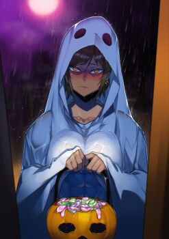 abs blanket blush breasts brown_hair condom condom_wrapper dark-skinned_female dark_skin ear_piercing ghost_costume halloween halloween_costume highres limbus_company medium_breasts muscular muscular_female night orange_eyes outis_(project_moon) piercing project_moon rain short_hair swept_bangs toned tresmarrow used_condom wet wet_clothes