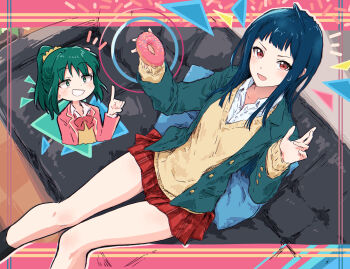 2girls :d ahoge blazer blue_hair bow bowtie collared_shirt commentary couch cropped_torso donut dress_shirt feet_out_of_frame food green_eyes green_hair green_jacket grin high_ponytail highres holding holding_donut holding_food index_finger_raised indoors jacket long_sleeves looking_at_viewer loose_bowtie miniskirt multiple_girls on_couch open_clothes open_collar open_jacket open_mouth pink_jacket plaid_clothes plaid_skirt pleated_skirt ponytail red_bow red_bowtie red_eyes red_skirt serizawa_momoka shirt sitting skirt smile sweatdrop sweater tendouji_musubi tokyo_7th_sisters v-shaped_eyebrows white_shirt yellow_sweater yukitake_(bullfalk)