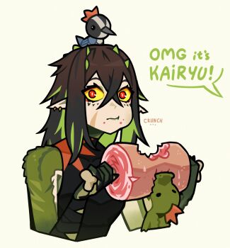 1girl animal animal_on_head bird bird_on_head black_shirt brown_hair closed_mouth colored_inner_hair colored_sclera commentary crocodile crocodile_girl crocodilian eating english_commentary food green_scales green_streaks highres holding holding_food indie_virtual_youtuber kairyu_crocodile looking_at_viewer meat milkytiddyboy multicolored_hair on_head pointy_ears red_eyes shirt solo streaked_hair virtual_youtuber white_background yellow_sclera