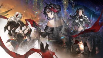 absurdres arknights armor bare_shoulders black_boots black_dress black_hair black_jacket black_pants black_skirt black_thighhighs boots breastplate breasts brown_eyes character_request closed_mouth commentary_request dress hair_bun highres horns ines_(arknights) ines_(melodic_flutter)_(arknights) jacket large_breasts long_sleeves lying multiple_views navel night night_sky off-shoulder_dress off_shoulder on_back open_clothes open_jacket pants pauldrons puffy_long_sleeves puffy_sleeves red_hair shirt shoulder_armor sitting skirt sky squatting star_(sky) starry_sky tank_top thighhighs thighhighs_under_boots w_(arknights) white_shirt white_tank_top yiyanbanshengchou