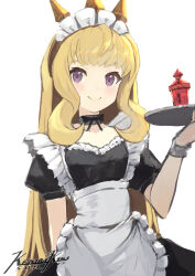 Rule 34 | 1girl, apron, artist name, black choker, black ribbon, blonde hair, blunt bangs, bottle, bracelet, breasts, cagliostro (granblue fantasy), choker, curly hair, dress, frills, granblue fantasy, highres, holding, holding tray, jewelry, lace, lace choker, long hair, looking at viewer, maid, maid apron, maid headdress, perfume bottle, punished pigeon, purple eyes, ribbon, sidelocks, sketch, small breasts, smile, tiara, tray, upper body, white background