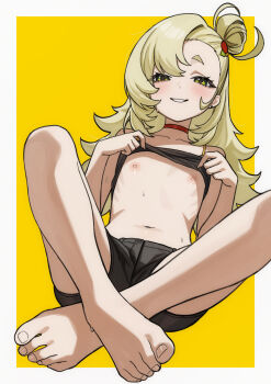1girl absurdres bare_legs bare_shoulders barefoot black_shorts black_tube_top blonde_hair blush choker clothes_lift clothes_pull crop_top crossed_legs dot_nose earrings feet fingernails flashing flat_chest full_body green_eyes grin hair_bun half-closed_eyes hands_up highres huge_filesize jewelry knees_up legs lifting_own_clothes loli long_hair looking_at_viewer navel nipples no_bra no_shoes petite piper_wheel pulling_own_clothes red_choker senapops shirt_lift short_shorts shorts simple_background sitting smile solo stomach strapless sweat teeth temporal_hairline thighs toenails toes tube_top yellow_background zenless_zone_zero