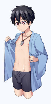 1boy black_hair bulge cropped_legs erection erection_under_clothes jewelry kemono_jihen kusaka_kabane liu_xi_ruki male_focus necklace nipples open_clothes parted_lips red_eyes short_hair solo upper_body