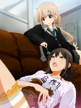 Rule 34 | 2girls, 71 (nanaichi drafting), animal collar, arm behind head, bike shorts, black hair, black socks, blonde hair, blush, breasts, brown eyes, candy, cardigan, clothes writing, collar, collarbone, cosplay, costume switch, couch, drooling, food, futaba anzu, futaba anzu (cosplay), green eyes, hand in pocket, idolmaster, idolmaster cinderella girls, kneehighs, loafers, lollipop, long hair, looking at viewer, low twintails, lying, multiple girls, necktie, on back, open mouth, pleated skirt, saliva, school uniform, shibuya rin, shibuya rin (cosplay), shirt, shoes, sitting, skirt, socks, striped bike shorts, striped clothes, stuffed animal, stuffed dog, stuffed toy, sweatdrop, t-shirt, teeth, twintails