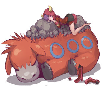 10s 1girl bad_id barefoot boots camerupt courtney_(pokemon) courtney_(pokemon_oras) geeto_gaadian gen_3_pokemon hood hoodie light_purple_hair lying nintendo poke_ball pokemon pokemon_(creature) pokemon_oras purple_eyes shoes sleeping team_magma unworn_boots unworn_shoes