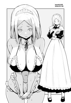 1girl apron bikini blush breasts collarbone commentary_request covering_crotch covering_privates frilled_bikini frills grey_background greyscale highres kichihachi large_breasts long_hair long_skirt looking_at_viewer maid maid_apron maid_bikini maid_headdress monochrome multiple_views navel original skirt sweat swimsuit two-tone_background unconventional_maid white_background