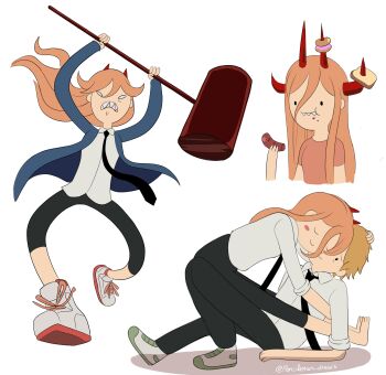 1girl absurdres adventure_time black_pants blonde_hair blue_jacket bread bread_slice chainsaw_man closed_eyes commentary demon_horns denji_(chainsaw_man) donut eating english_commentary food formal_clothes hammer highres holding holding_hammer horns hug jacket necktie pants pencilman_draws power_(chainsaw_man) sausage sharp_teeth signature suit teeth white_suit