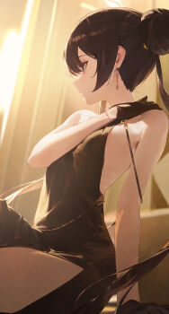 1girl arm_support armpit_crease bare_arms black_dress black_gloves black_hair blue_archive breasts commentary dress earrings gloves hair_bun halo hand_on_own_shoulder highres jewelry kisaki_(blue_archive) kisaki_(dress)_(blue_archive) looking_ahead looking_to_the_side modare official_alternate_costume profile sideless_dress sidelighting sitting small_breasts solo twintails