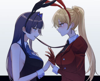 2girls animal_ear_hairband animal_ears black_necktie blonde_hair blue_eyes commentary_request earrings fake_animal_ears gloves hair_intakes hairband hololive hololive_english hotcat_(box_1227) jacket jewelry kaela_kovalskia long_hair mouth_hold multiple_girls necktie necktie_in_mouth ouro_kronii ponytail purple_hair rabbit_ear_hairband rabbit_ears red_gloves red_jacket upper_body virtual_youtuber wrist_cuffs yuri
