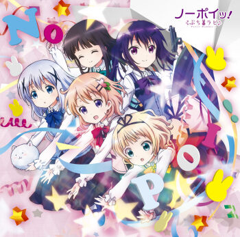 5girls :d :o ^_^ age_difference album_cover angora_rabbit animal blonde_hair blue_bow blue_bowtie blue_eyes blue_hair blue_vest bow bowtie brown_hair chestnut_mouth child closed_eyes closed_mouth copyright_name cover flower gochuumon_wa_usagi_desu_ka? green_bow green_bowtie green_vest gun hair_flower hair_ornament hairclip handgun holding holding_animal holding_gun holding_rabbit holding_weapon hoto_cocoa kafuu_chino kirima_syaro long_hair long_sleeves looking_at_viewer multiple_girls official_art open_mouth orange_bow orange_bowtie orange_hair pink_vest purple_bow purple_bowtie purple_eyes purple_hair purple_vest rabbit rabbit_house_uniform red_bow red_bowtie shirt short_hair skirt smile star_(symbol) tedeza_rize tippy_(gochiusa) twintails ujimatsu_chiya vest waitress weapon x_hair_ornament yellow_vest