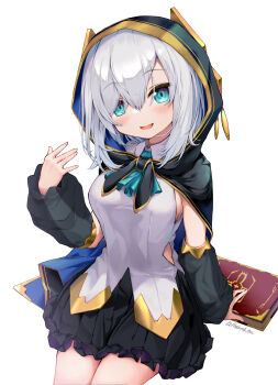 1girl aqua_ascot arm_up ars_almal ars_almal_(1st_costume) ascot black_cape black_cloak black_skirt black_sleeves blue_ascot blue_eyes blush book breasts cape cloak cowboy_shot detached_sleeves frilled_skirt frills gold_trim grey_hair hair_between_eyes highres holding holding_book hood hood_up hooded_cape hooded_cloak invisible_chair long_sleeves looking_at_viewer miniskirt nijisanji open_mouth pleated_skirt puffy_long_sleeves puffy_sleeves see-through_clothes see-through_sleeves shirt short_hair sitting skirt sleeveless smile solo tatami_kami thighs twitter_username virtual_youtuber white_background white_hair white_shirt