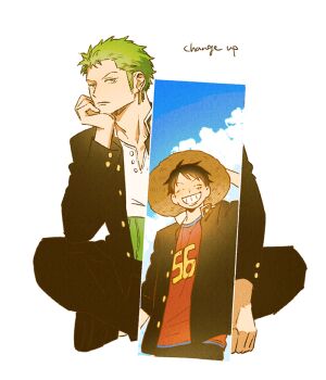Rule 34 | 2boys, black hair, black jacket, black pants, closed eyes, earrings, elbow rest, english text, facing viewer, gakuran, gohan ooo, green hair, grin, haramaki, hat, head rest, indian style, jacket, jewelry, monkey d. luffy, multiple boys, one piece, pants, red shirt, roronoa zoro, school uniform, shirt, short hair, sitting, smile, straw hat, white background, white shirt