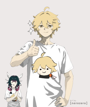 1boy 1girl :d absurdres aether_(genshin_impact) alternate_costume blonde_hair closed_eyes columbina_(genshin_impact) genshin_impact grey_background hair_ornament hashtag-only_commentary head_wings highres multicolored_hair multiple_wings nerozero open_mouth print_shirt shirt simple_background smile thumbs_up upper_body white_shirt white_wings wing_hair_ornament wings yellow_eyes