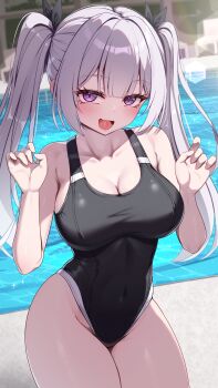 1girl absurdres akuame_(ring3922) bare_shoulders black_one-piece_swimsuit blush breasts cleavage commission competition_swimsuit covered_navel grey_hair highres large_breasts long_hair looking_at_viewer one-piece_swimsuit open_mouth original outdoors poolside purple_eyes skeb_commission smile solo swimsuit twintails