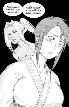 Rule 34 | 2girls, absurdres, aubry (dark elf stepsister), bb (baalbuddy), breasts, dark-skinned female, dark elf, dark skin, elf, english text, highres, large breasts, long pointy ears, monochrome, multiple girls, original, pointy ears, ponytail, robe, sidelocks, speech bubble, sweatdrop, zana (dark elf stepsister)