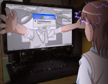 Rule 34 | 2girls, adobe photoshop, brown hair, computer, dell, dress, drooling, electricity, foreshortening, hair ribbon, kasumi uzuki, computer keyboard, microsoft windows, misaka mikoto, monitor, multiple girls, ribbon, screen, shirai kuroko, speaker, through medium, through screen, toaru kagaku no railgun, toaru majutsu no index, translation request, twintails, windows xp