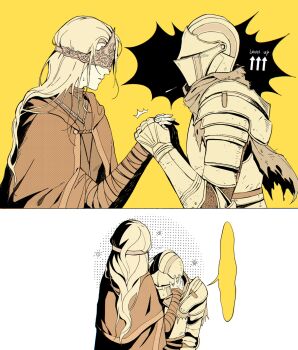 Rule 34 | 1girl, 1other, ambiguous gender, armor, ashen one (dark souls), bandaged arm, bandages, blindfold mask, breastplate, capelet, covered eyes, crying, dark souls (series), dark souls iii, dress, english text, fire keeper, full armor, gameplay mechanics, gauntlets, helm, helmet, highres, holding hands, long hair, mask, profile, simple background, sqqccca, sweatdrop, torn clothes