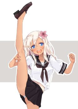 1girl alakoala alternate_costume black_sailor_collar black_skirt blonde_hair blue_eyes blush brown_neckerchief brown_shoes collarbone commentary_request flower grey_background hair_between_eyes hair_flower hair_ornament kantai_collection leg_up loafers long_hair looking_at_viewer navel neckerchief open_mouth outline panties pantyshot pink_flower pleated_skirt ro-500_(kancolle) sailor_collar shoes short_sleeves sidelocks simple_background skirt solo split standing standing_on_one_leg standing_split stomach tan tanline teeth underwear upper_teeth_only white_background white_outline white_panties