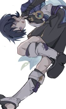 1boy :p akanbe armor belt bent_over black_belt black_bodysuit black_bridal_gauntlets black_hair black_sandals black_shorts blue_kimono blunt_ends bodysuit bridal_gauntlets bridal_legwear cape eyelid_pull eyeliner eyeshadow finger_to_eye fingernails from_below furisode genshin_impact gold_ring hakama hakama_shorts hand_up highres index_finger_raised japanese_armor japanese_clothes juban kimono kote kurokote leg_warmers looking_at_viewer makeup male_focus middle_ring open_clothes open_kimono pleated_shorts purple_cape purple_eyes purple_rope purple_sash red_eyeliner red_eyeshadow rope sandals sash scaramouche_(genshin_impact) shorts shoulder_peek solo stirrup_legwear tassel toeless_legwear tongue tongue_out tsurime wanderer_(genshin_impact) white_background white_kimono white_leg_warmers white_trim wispy_bangs zattasyanko zouri