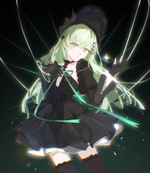 Rule 34 | 1girl, arknights, bang dream!, bang dream! it's mygo!!!!!, black dress, black gloves, black hat, black thighhighs, chinese commentary, chromatic aberration, closed mouth, commentary request, cowboy shot, dress, gloves, green hair, hair ornament, hat, highres, light particles, long hair, long sleeves, looking at viewer, official alternate costume, partially fingerless gloves, siren176, solo, standing, thighhighs, thread, wakaba mutsumi, wakaba mutsumi (marionette's id), x hair ornament, yellow eyes