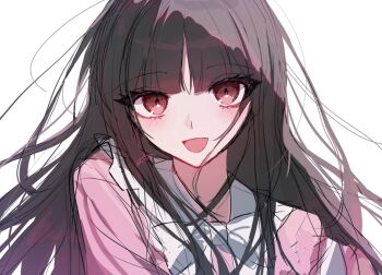 1girl black_hair blunt_bangs blush bow bowtie commentary highres houraisan_kaguya long_hair looking_at_viewer pink_shirt sailor_collar shion_343 shirt signature simple_background smile solo touhou upper_body very_long_hair white_background white_bow white_bowtie white_sailor_collar