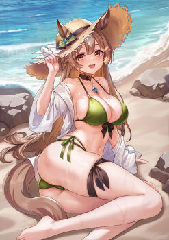 1girl alternate_costume animal_ears ass beach bikini breasts brown_hair commentary_request green_bikini hat highres horse_ears horse_girl horse_tail multicolored_hair navel open_mouth rock sand satono_diamond_(umamusume) solo straw_hat streaked_hair sun_hat swimsuit tail umamusume vococo