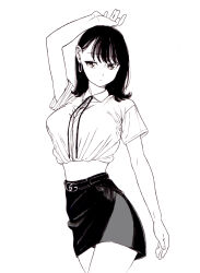 Rule 34 | 1girl, arms up, bad id, bad pixiv id, belt, black hair, black skirt, bolo tie, breasts, collared shirt, dende (dndn222), earrings, greyscale, gucci, hair behind ear, highres, jewelry, large breasts, medium hair, monochrome, original, scan, scan artifacts, shirt, skirt, solo, standing, stomach, tied shirt, traditional media