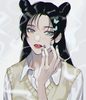 Rule 34 | 1girl, black hair, blue eyes, blue nails, butterfly hair ornament, cigarette, collared shirt, commentary, double bun, hair bun, hair ornament, highres, holding, holding cigarette, jojo no kimyou na bouken, kuujou jolyne, long hair, masakenme, shirt, smoke, smoke trail, solo, stone ocean