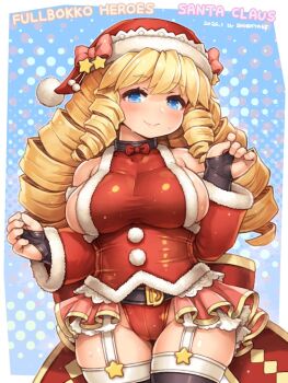 1girl artist_name belt black_belt black_thighhighs blonde_hair blue_eyes blush bow breasts christmas closed_mouth commentary_request covered_collarbone dated detached_sleeves drill_hair fullbokko_heroes fur-trimmed_headwear fur-trimmed_sleeves fur_trim garter_straps hair_between_eyes hat highleg highleg_leotard leotard lips long_hair looking_at_viewer pom_pom_(clothes) red_bow red_leotard santa_claus_(fullbokko_heroes) santa_costume santa_hat shigatake sideboob smile solo sweat thighhighs white_garter_straps