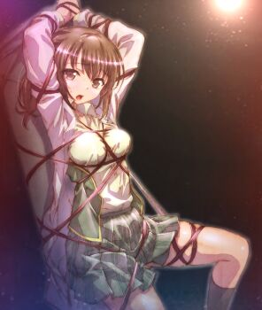 Rule 34 | 1girl, arms up, bdsm, black eyes, black hair, black socks, blazer, boku wa tomodachi ga sukunai, bondage, bound, bound arms, bound thighs, breast bondage, breasts, collared shirt, commentary request, crotch rope, gluteal fold, green jacket, green skirt, highres, jacket, kneehighs, lab coat, long sleeves, looking at viewer, medium breasts, medium hair, miniskirt, official artist extra, open mouth, plaid clothes, plaid skirt, restrained, school uniform, shibari, shibari over clothes, shiguma rika, shirt, skindentation, skirt, socks, st. chronica academy school uniform, standing, thighs, watanabe yoshihiro, white shirt, winter uniform