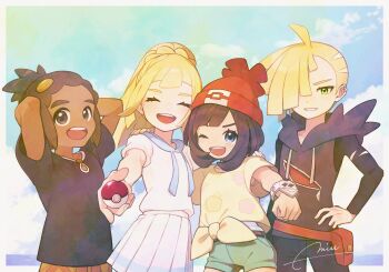 2boys 2girls :d ;d ahoge arms_behind_head beanie black_pants black_shirt blonde_hair bracelet braid clenched_hand closed_eyes commentary_request dark-skinned_male dark_skin ear_piercing eyelashes fanny_pack gladion_(pokemon) green_shorts hair_over_one_eye hat hau_(pokemon) highres holding holding_poke_ball hood hood_down hooded_vest hoodie jewelry lillie_(pokemon) long_hair miu_(miuuu_721) multiple_boys multiple_girls nintendo one_eye_closed open_mouth pants piercing pleated_skirt poke_ball poke_ball_(basic) pokemon pokemon_sm red_bag red_hat selene_(pokemon) shirt short_hair short_sleeves shorts signature skirt smile t-shirt teeth tied_shirt upper_teeth_only vest white_shirt white_skirt yellow_shirt