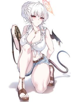 1girl :o absurdres belt bikini black_tail blue_archive blue_shorts braid breasts brown_belt brown_sandals commentary_request demon_wings grey_hair halo haruna_(blue_archive) highres kneeling large_breasts long_hair looking_at_viewer navel red_eyes red_halo sandals short_shorts shorts simple_background single_wing solo stomach sunnysideup swimsuit thighs torn_clothes torn_shorts white_background white_bikini wings