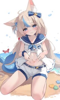 1girl :3 absurdres ahoge animal_ear_fluff animal_ears beach belt belt_buckle bikini bikini_under_clothes blonde_hair blue_belt blue_bikini blue_bow blue_eyes blue_hair blue_nails blue_neckerchief blue_sailor_collar blue_scrunchie blue_tail blunt_bangs blush bow breasts bubble buckle cat_ears closed_mouth collarbone commentary crab dress fang fins fish_girl fish_tail frilled_sailor_collar frills full_body hair_bow highres hiroside indie_virtual_youtuber kaniki_(sameko_saba) lifebuoy_hair_ornament long_hair looking_at_viewer low_twintails multicolored_hair nail_polish navel neckerchief one_side_up open_clothes open_dress revision sailor_collar sameko_saba sand scrunchie seashell shell short_shorts shorts sitting skin_fang skindentation sleeveless sleeveless_dress small_breasts smile solo streaked_hair striped_belt swimsuit tail twintails very_long_hair virtual_youtuber wariza water white_background white_dress white_shorts wrist_scrunchie