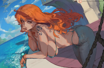 1girl against_railing arm_support ass bikini bikini_top_only bird breasts brown_eyes cutesexyrobutts denim hanging_breasts jeans large_breasts leaning_forward long_hair looking_at_viewer nami_(one_piece) nami_(one_piece)_(return_to_sabaody) ocean one_piece one_side_up orange_eyes orange_hair pants railing seagull shoulder_tattoo skindentation solo swimsuit tattoo thong thong_bikini whale_tail_(clothing)
