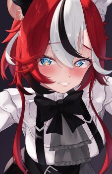 1girl absurdres animal_ears ascot black_bow black_bowtie black_hair blue_eyes blush bow bowtie gradient_hair grey_ascot hakos_baelz hakos_baelz_(steel_rose) highres hololive hololive_english ilie_ilie looking_at_viewer mouse_ears mouse_girl multicolored_hair official_alternate_costume official_alternate_hairstyle red_hair sharp_teeth shirt solo streaked_hair teeth virtual_youtuber white_hair white_shirt