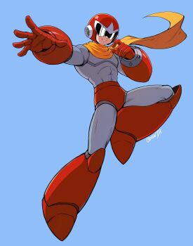 1boy absurdres assault_visor blue_background bodysuit dauntedx full_body grey_bodysuit helmet highres male_focus mega_man_(classic) mega_man_(ruby-spears) mega_man_(series) proto_man red_helmet scarf simple_background solo yellow_scarf