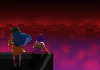 2girls absurdres animal_realm_(touhou) apron blue_hair cityscape commentary_request dark dress fog from_behind full_body green_apron green_headscarf hairband haniyasushin_keiki headscarf highres long_hair multicolored_dress multicolored_hairband multiple_girls on_roof on_rooftop patchwork_clothes puffy_sleeves purple_hair rainbow_gradient rainbow_hairband rooftop sandals shadow short_hair short_sleeves sitting sitting_on_roof sky sleepymoon standing standing_on_roof star_(sky) starry_sky tenkyuu_chimata touhou wily_beast_and_weakest_creature yellow_dress