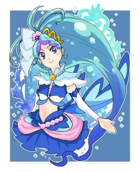 1girl anime_coloring antenna_hair aqua_hair blue_background blue_collar blue_eyes blue_hair blue_shirt blue_skirt border braid brooch bubble closed_mouth collar crop_top cropped_torso cure_mermaid detached_collar earrings eyelashes floating_clothes floating_hair go!_princess_precure gold_tiara gradient_hair hair_ornament hair_ribbon happy jewelry kaidou_minami light_blush looking_at_viewer magical_girl midriff miniskirt multicolored_hair navel outline outside_border outstretched_hand palms pleated_skirt precure purple_hair ribbon shell shell_earrings shell_hair_ornament shirt short_sleeves single_braid skirt smile solo streaked_hair tiara train_(clothing) tsurime water white_arm_warmers white_border white_outline white_ribbon white_sleeves yosikawayuzu