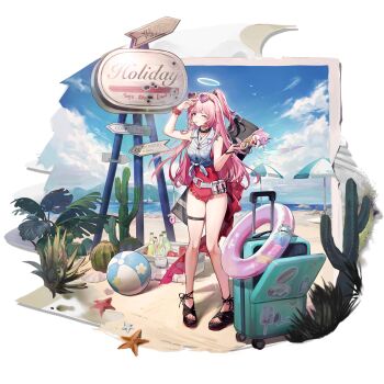 1girl ambriel_(arknights) ambriel_(holiday)_(arknights) arknights arm_up ball beach beach_umbrella beachball black_choker black_sandals blue_sky bottle breasts cactus casual_one-piece_swimsuit choker cloud cooler covered_navel crab day detached_wings energy_wings eyewear_on_head food frilled_one-piece_swimsuit frills fruit full_body halo heart heart-shaped_eyewear highres holding holding_food holding_ice_cream ice_cream ice_cream_cone infection_monitor_(arknights) innertube lifebuoy long_hair looking_at_viewer nail_polish official_alternate_costume official_art one-piece_swimsuit one_eye_closed one_side_up outdoors palm_tree pink_hair pocky popsicle red_nails red_one-piece_swimsuit rolling_suitcase sailor_collar sand sandals scrunchie shirt shui_di_yu_bu_lei_shao sky sleeveless sleeveless_shirt smile solo standing starfish sticker suitcase sunglasses swim_ring swimsuit swimsuit_under_clothes thigh_strap toenail_polish toenails toes tongue tongue_out transparent_background tree umbrella very_long_hair watermelon white_shirt wings wrist_scrunchie
