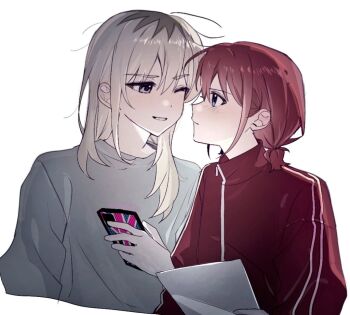 Rule 34 | 2girls, blue eyes, brown hair, cellphone, girls band cry, grey hair, grey shirt, holding, holding phone, i2727272727, iseri nina, jacket, kawaragi momoka, long hair, low twintails, multicolored hair, multiple girls, phone, red jacket, roots (hair), shirt, short hair, short twintails, simple background, smartphone, twintails, white background, yuri